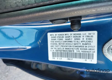 2013 Honda Civic Ex z USA, uszkodzony, nr VIN 19XFB2F89DE236978